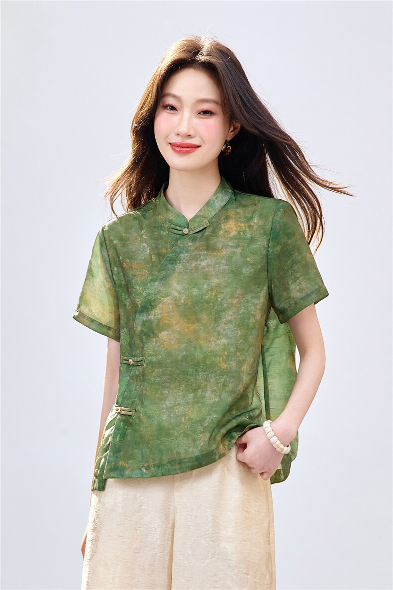 长期现货2026新中式印花上衣女夏季薄款透气短袖衬衫中老年妈宽松,女装衬衫,璐依舞