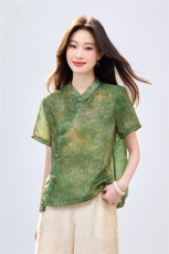长期现货2026新中式印花上衣女夏季薄款透气短袖衬衫中老年妈宽松，女装衬衫，璐依舞