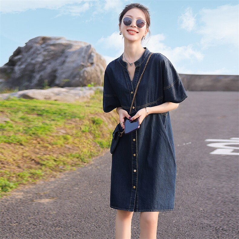 2023年夏款新款宽松休闲短袖V领薄款牛仔裙,女装连衣裙,瑶迪依秀