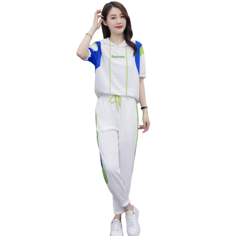 短袖时尚套装女2022夏季新款女装韩版休闲百搭撞色绣花两件套裤潮,女装套装/套裙,慧尚依恋