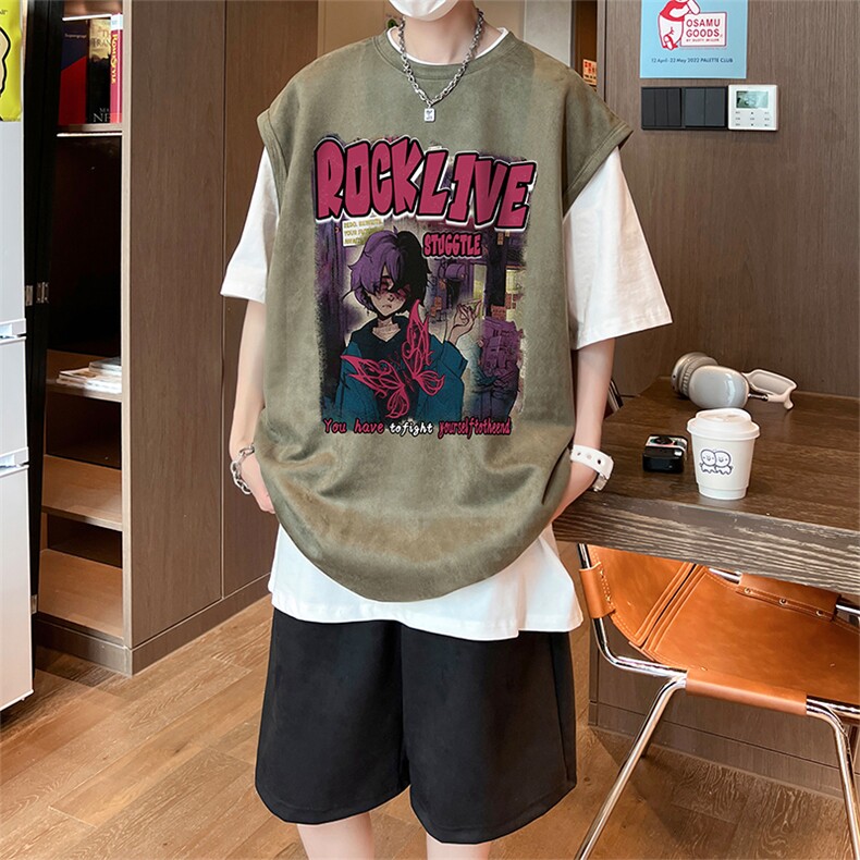 直播美式麂皮绒宽松背心无袖t恤短裤大码两件套套装TZ36-P58,男装T恤,电商A486
