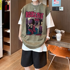直播美式麂皮绒宽松背心无袖t恤短裤大码两件套套装TZ36-P58，男装T恤，电商A486
