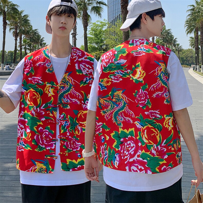 MJ02夏双层新款男士盘扣风民族风特色东北大花马甲外套团队服图片