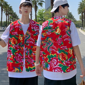 MJ02夏双层新款男士盘扣风民族风特色东北大花马甲外套团队服图片