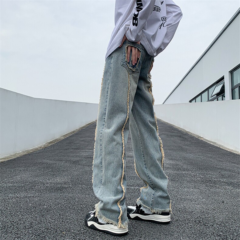 美式ins高街hiphop重工艺水洗毛边牛仔裤货号K712P65,男装牛仔裤,电商A063