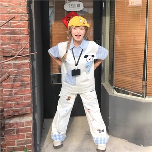 文文不乖 美式复古小狗刺绣格子拼接工装裤女高腰宽松直筒阔腿裤图片