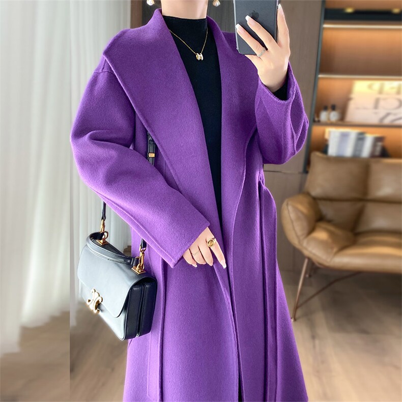 时尚显瘦韩版宽松长款毛呢外套女冬季新款气质百搭腰带大衣,女装双面呢大衣,乾庄羊绒