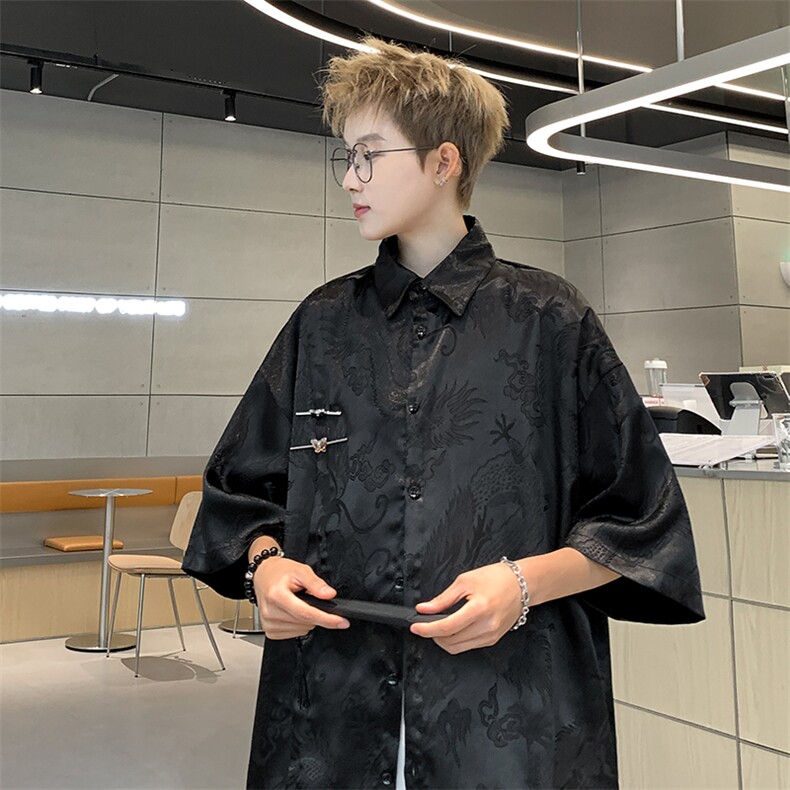 新中式夏季龙纹短袖衬衫风宽松唐装cs2412-特p42控78抖音控89,男装衬衫,电商B370