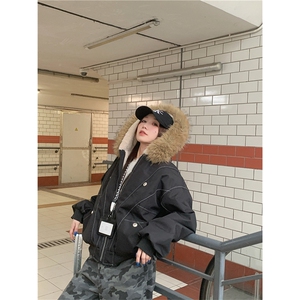 现货重磅boxy短款棉衣座山雕大毛毛领男女棉服水洗工装厚外套