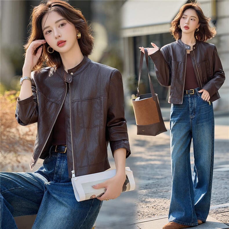 时尚机车范立领皮衣短外套女2025秋季新款修身显瘦小个子夹克上衣，女装皮衣，沁沁公主