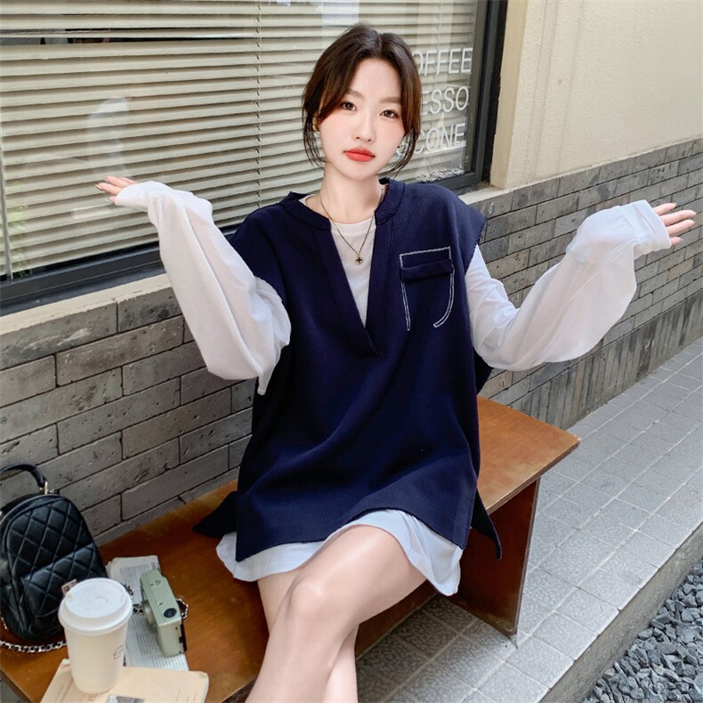 今年流行藏青色休闲套装女早秋2025新款慵懒风百搭马甲短裤三件套,女装套装/套裙,韩蜜菓