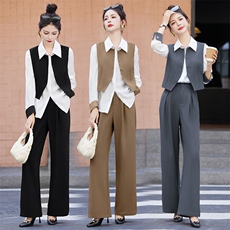 高端职业阔腿裤套装女2025秋季网红干练气质御姐范三件套，女装套装/套裙，尚娜萱