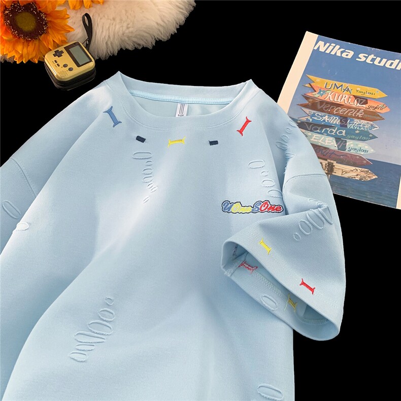 250克重磅开口笑破洞潮流刺绣冰丝短袖美式高街T恤JF255特P42控68，男装T恤，电商A422-1