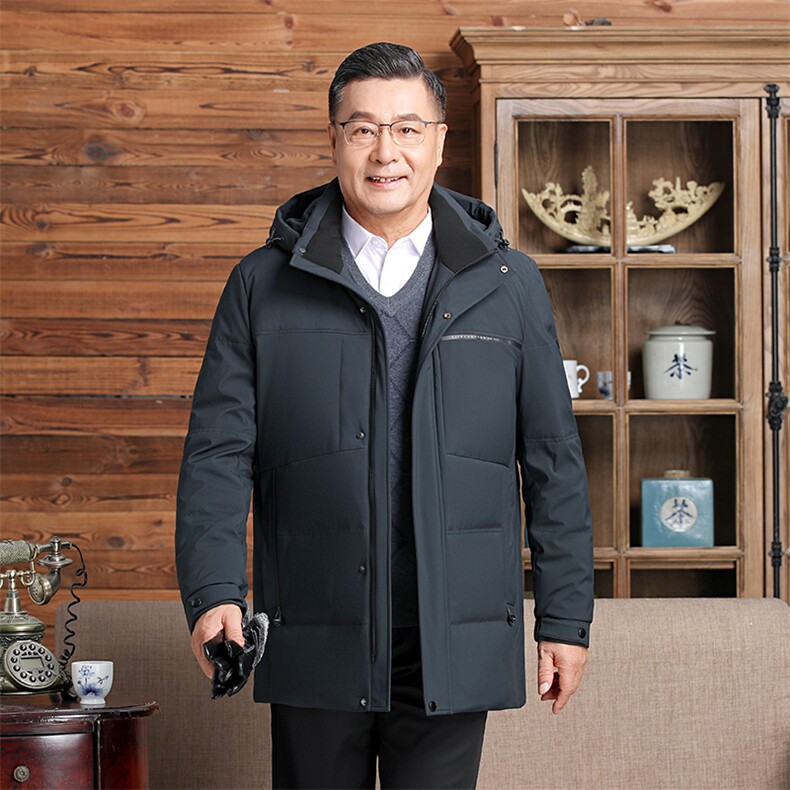 中老年羽绒服男士中长款加厚防寒中年休闲白鸭绒连帽可脱卸外套图片