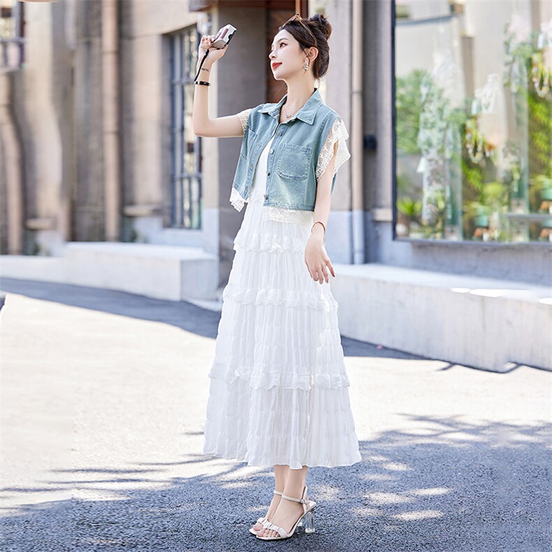 苏杭牛仔连衣裙两件套女2025夏季新款设计感小香风蕾丝吊带蛋糕裙,女装套装/套裙,伊仟回