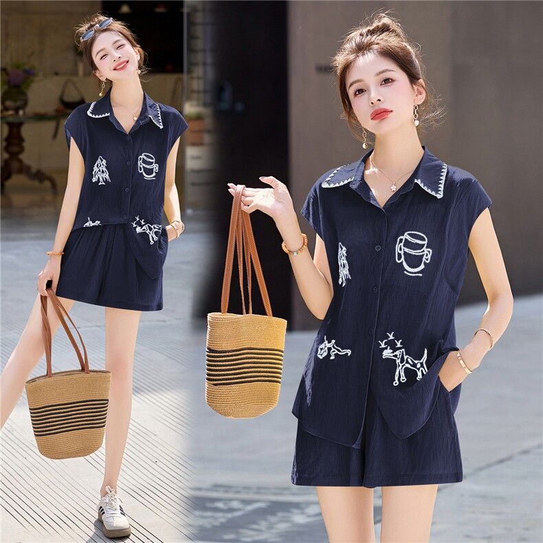 小香风时尚气质刺绣套装女2025夏新款减龄无袖衬衫阔腿短裤两件套，女装套装/套裙，意芙