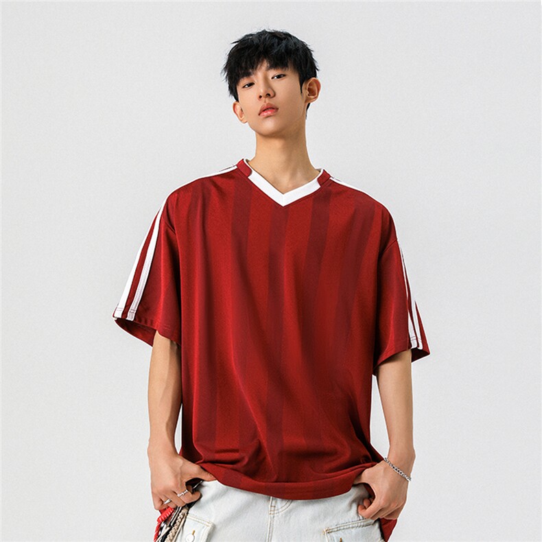 1可二开美式复古条纹运动球衣大码M-5XL短袖T恤男DX78018P45控75,男装T恤,星座226-2