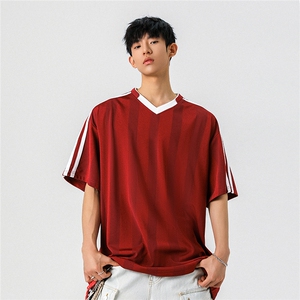 1可二开美式复古条纹运动球衣大码M-5XL短袖T恤男DX78018P45控75图片