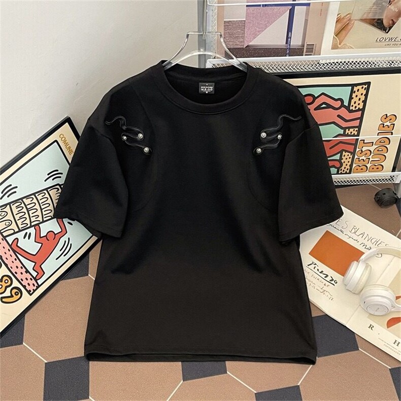 铆钉小蛇短袖男款夏季高级感美式高街cleanfit小领口重磅解构衣服,男装T恤,星座601-1