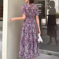 （现货）紫色碎花收腰显瘦V领连衣裙子夏款中长款连衣裙女装，女装连衣裙，韩蔻秀