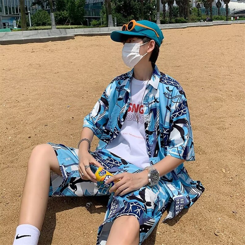 花衬衫套装男潮牌夏季冰丝短袖短裤两件套旅游度假休闲沙滩情侣装,男装牛仔裤,星座410-7