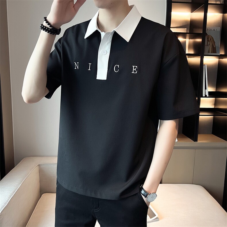 店主风~夏季新款领口拼色刺绣中袖T恤衫V10/P45，男装T恤，电商B331