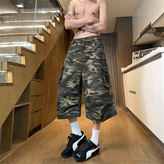 迷彩直筒阔腿牛仔七分裤X7117-TP45夏季潮牌多口袋休闲短裤男，男装牛仔裤，电商A102