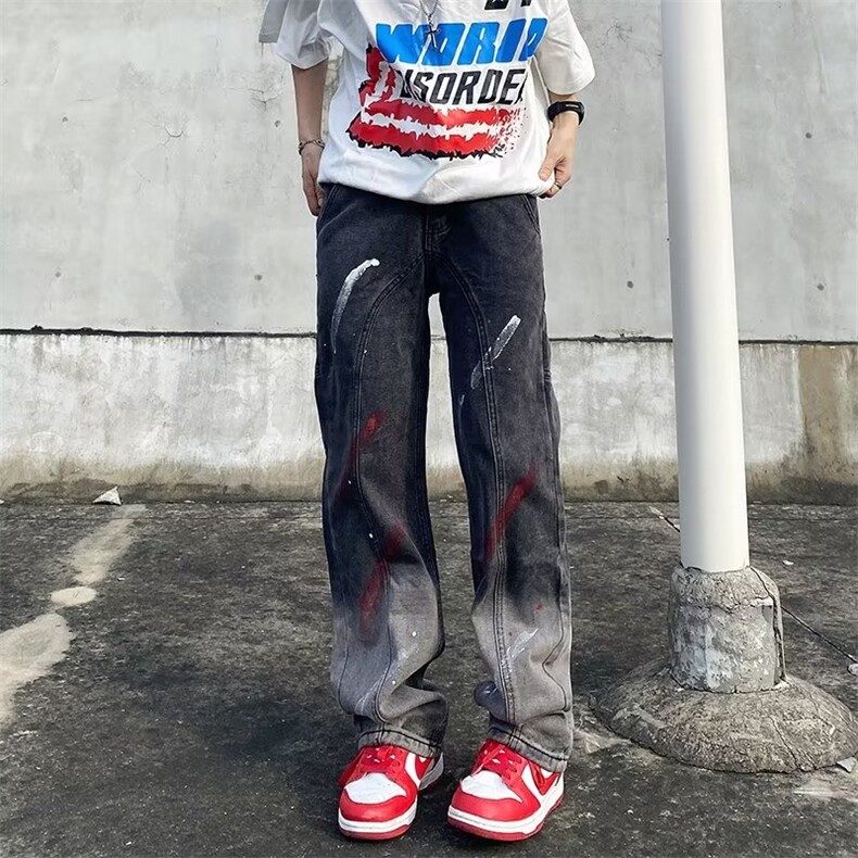 秋嘻哈美式复古高街泼墨宽松直筒休闲牛仔裤长裤裤子男AMX120P40，男装牛仔裤，星座1013-5