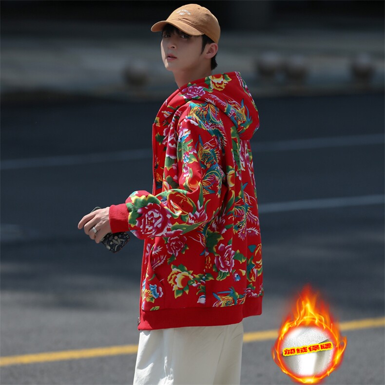 A203秋冬加绒加厚保暖连帽开衫卫衣东北大花风民族特色大码潮，男装卫衣，星座115A(原星座507）