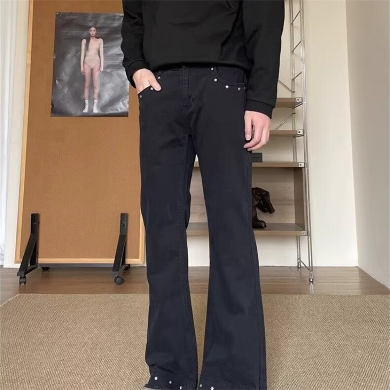 小众铆钉微喇牛仔裤男女美式街头休闲百搭毛边直筒长裤L16355-P43,男装牛仔裤,星座1008