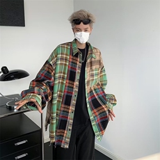 美式高街拼色格子长袖衬衫春秋小众设计感宽松休闲衬衣外套潮，男装衬衫，星座716-2