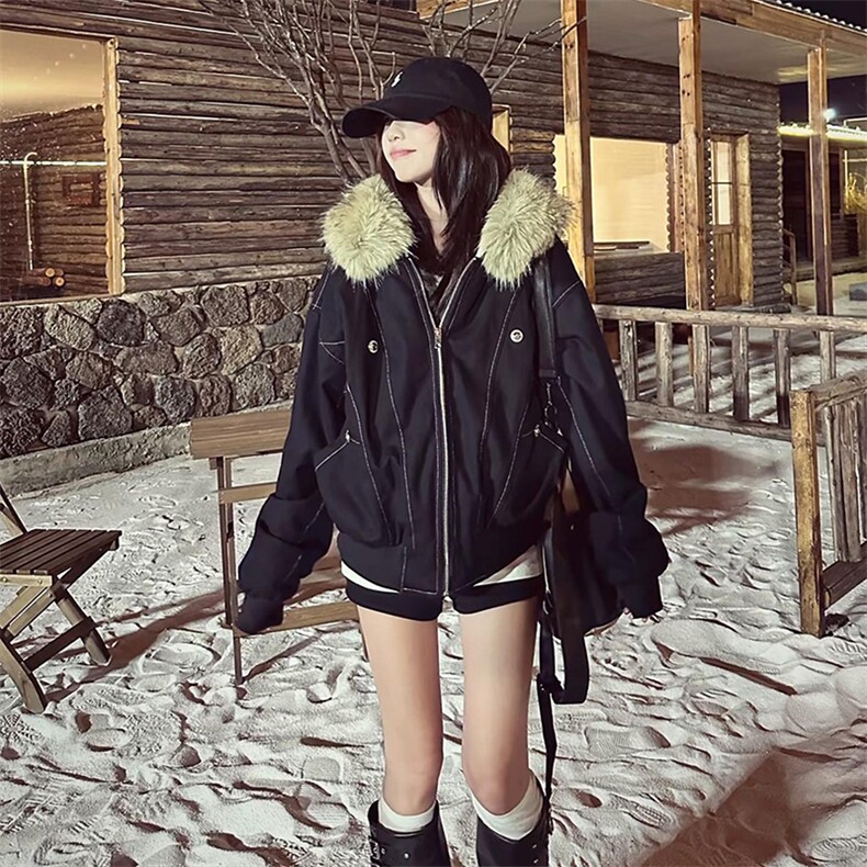 现货重磅boxy短款棉衣座山雕大毛毛领男女棉服水洗工装厚外套，男装棉衣，电商A486-1