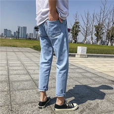 现货主推夏装chic韩版破洞牛仔裤潮流九分裤日系小脚裤N，男装牛仔裤，星座1008