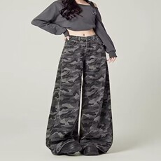 美式高街工装阔腿迷彩牛仔裤女秋冬复古高腰宽松显瘦直筒裤子春季，女装休闲裤，星座218-8