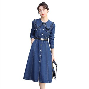 牛仔连衣裙女2022春新款时尚设计感收腰显瘦娃娃领减龄中长款裙子图片