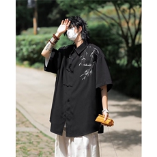 夏季新中式竹叶字母刺绣半袖翻领衬衣男宽松短袖衬衫C005，男装衬衫，星座1116A-1（原606A）