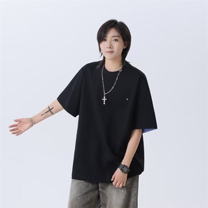 夏季美式风运动短袖男女夏季翻边蓝色T恤休闲宽松上衣-T799图片