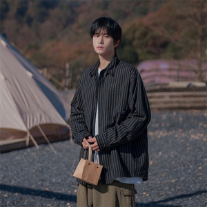 抖音春秋日系复古条纹衬衫男女宽松潮流休闲衬衣DX807P45控79图片