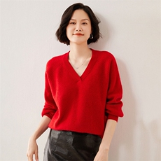 秋冬季新款舒适显瘦时尚百搭V领慵懒风元宝针35%羊绒衫，女装羊绒衫，伊绒腾羊绒