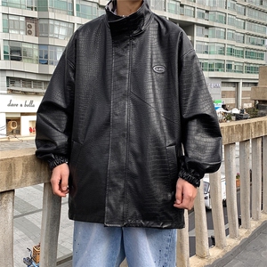 港风两面穿夹克男大码格子PU皮鳄鱼纹皮衣男外套JK8753P110控149图片