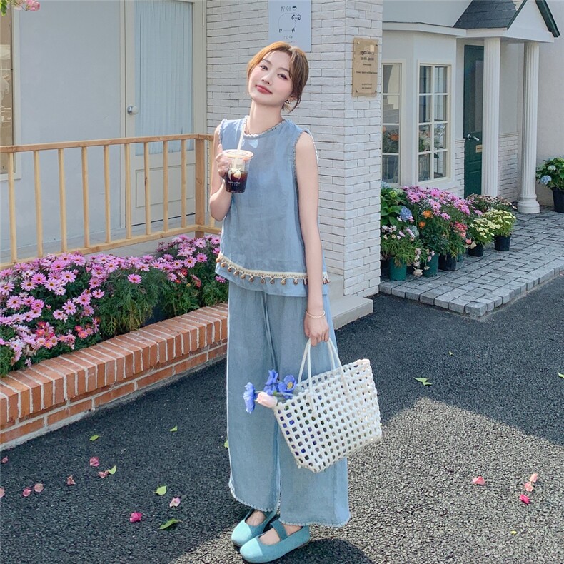 氛围感减龄蓝色休闲裤套装女夏2025新款两件套韩系穿搭爆款巨好看,女装套装/套裙,维壹