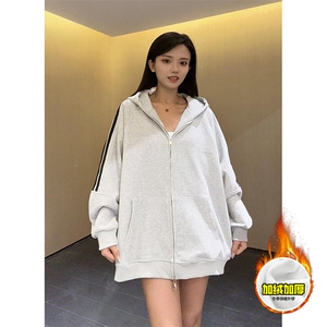 480G重磅加绒硬挺boxy男女秋冬美式高街结构三条杠卫衣开衫厚外套图片