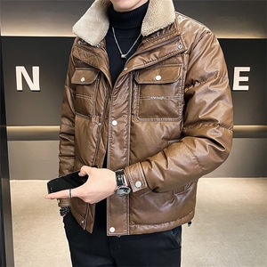 店主风PU皮羽绒服男白鸭绒保暖外套羊羔毛领上衣潮B317/6137/P175图片