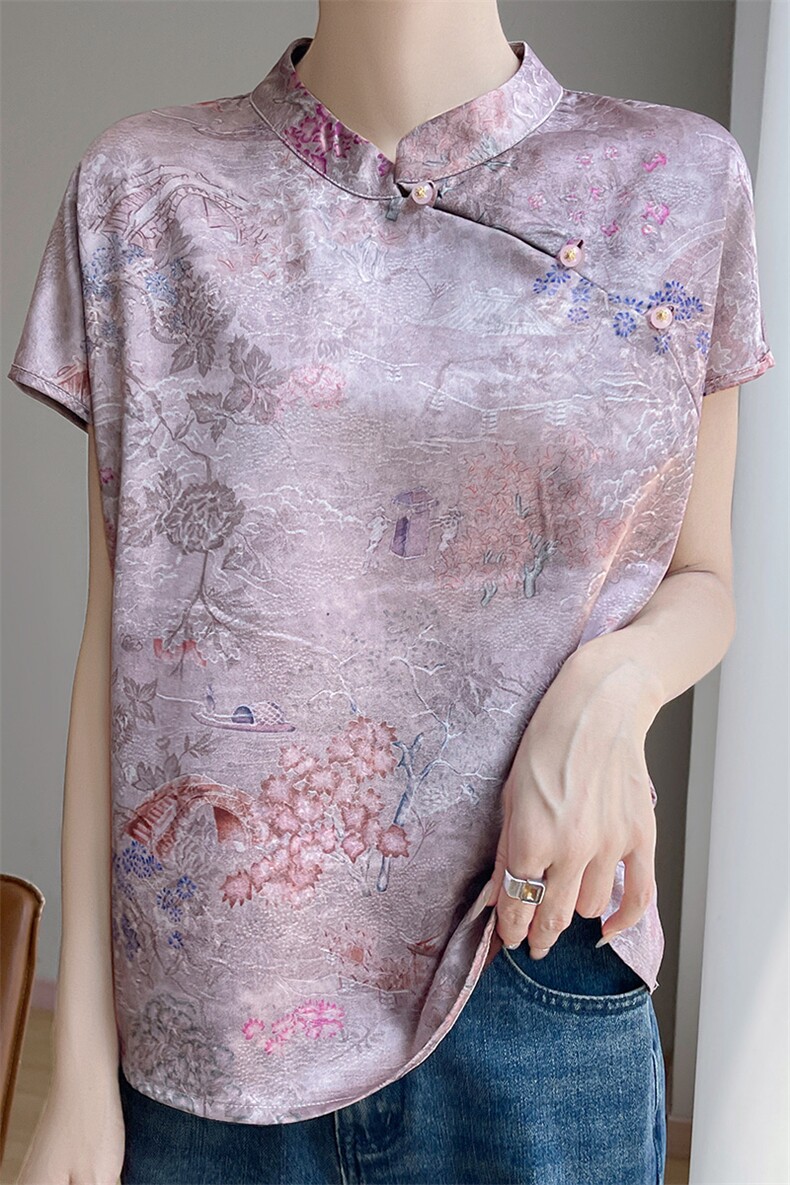专柜品质~新中式国风盘扣真丝衬衫女夏季新款复古印花小飞袖上衣,女装T恤,佳绒高端店