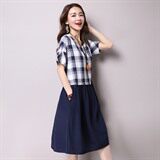 时尚夏季韩版潮流格子拼接显瘦套头连衣裙，女装连衣裙，独衣靓