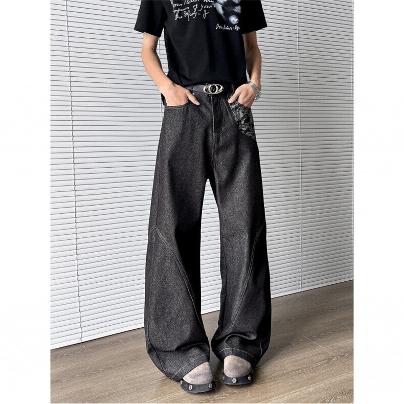 美式复古蟒皮拼接牛仔裤弯刀裤子设计感直筒裤潮牌百搭NZ153-P55，男装皮裤，星座1103-2