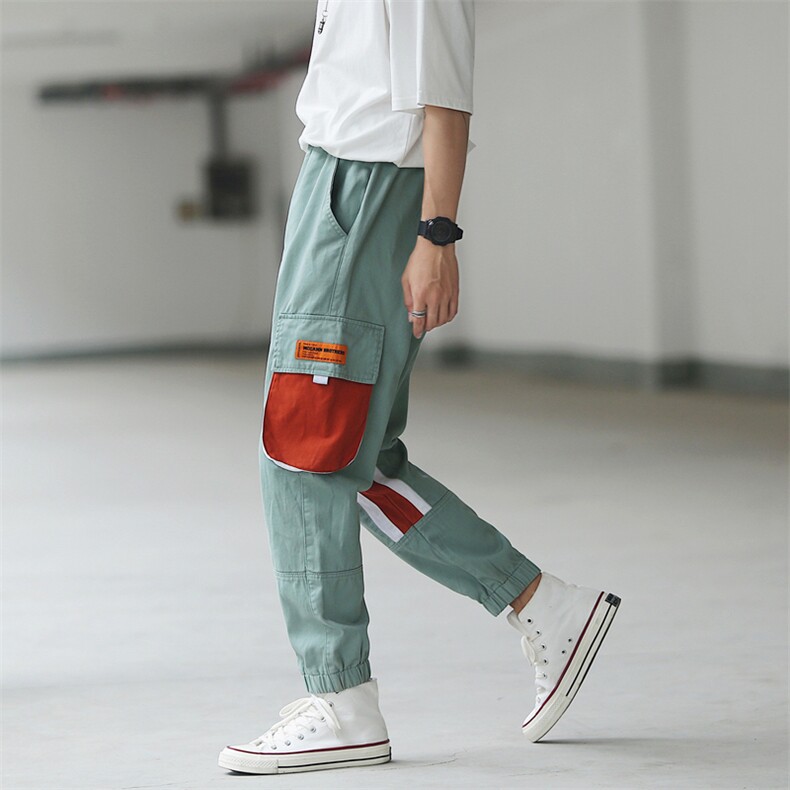 工装裤男国潮撞色口袋束脚裤潮牌宽松直筒休闲长裤N034，男装休闲裤，星座1501