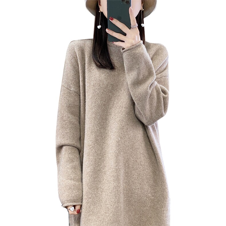 羊毛衫秋冬新款针织连衣裙女圆领中长款宽松打底毛衣裙,女装羊毛衫,宋氏羊绒