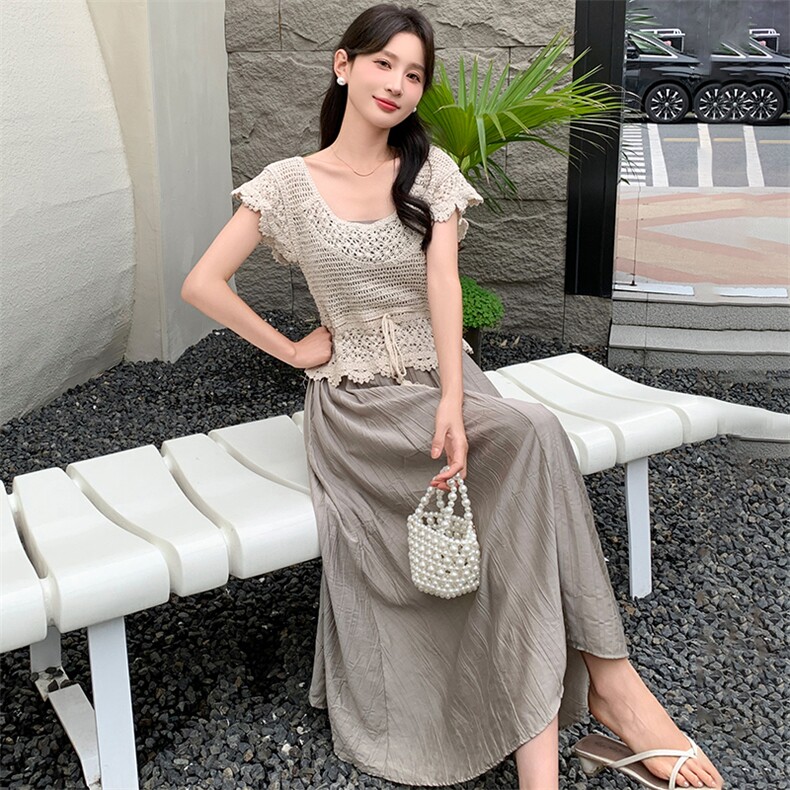 慕未家M夏装新款圆领抽绳系带收腰针织上衣淑女吊带连衣裙由3210,女装套装/套裙,超帛