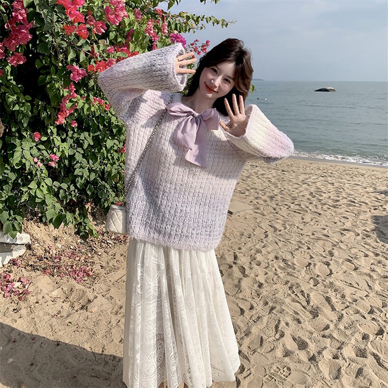 2025春前后两穿蝴蝶结渐变毛衣蕾丝半身裙两件套2C133-P145-K198,女装套装/套裙,2C133